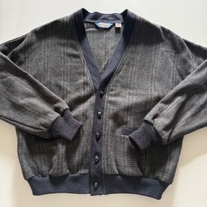 Pendleton Virgin Wool Cardigan Sweater Mens L Plaid Button Up USA Made Gray Bue